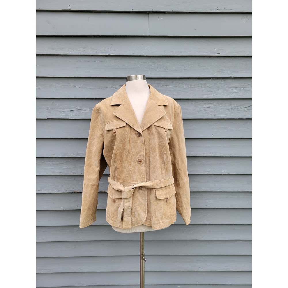Vintage y2k Relativity Safari Jacket Tan Suede Leather Belted Utility Coat‎ 2X